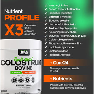 Bovine Colostrum X3 Supplement Powder for Humans, 100% Pure Whole Natural Grass Fed Superfood, High Igg, plus Probiotic & Prebiotic, Unflavored, Made in USA