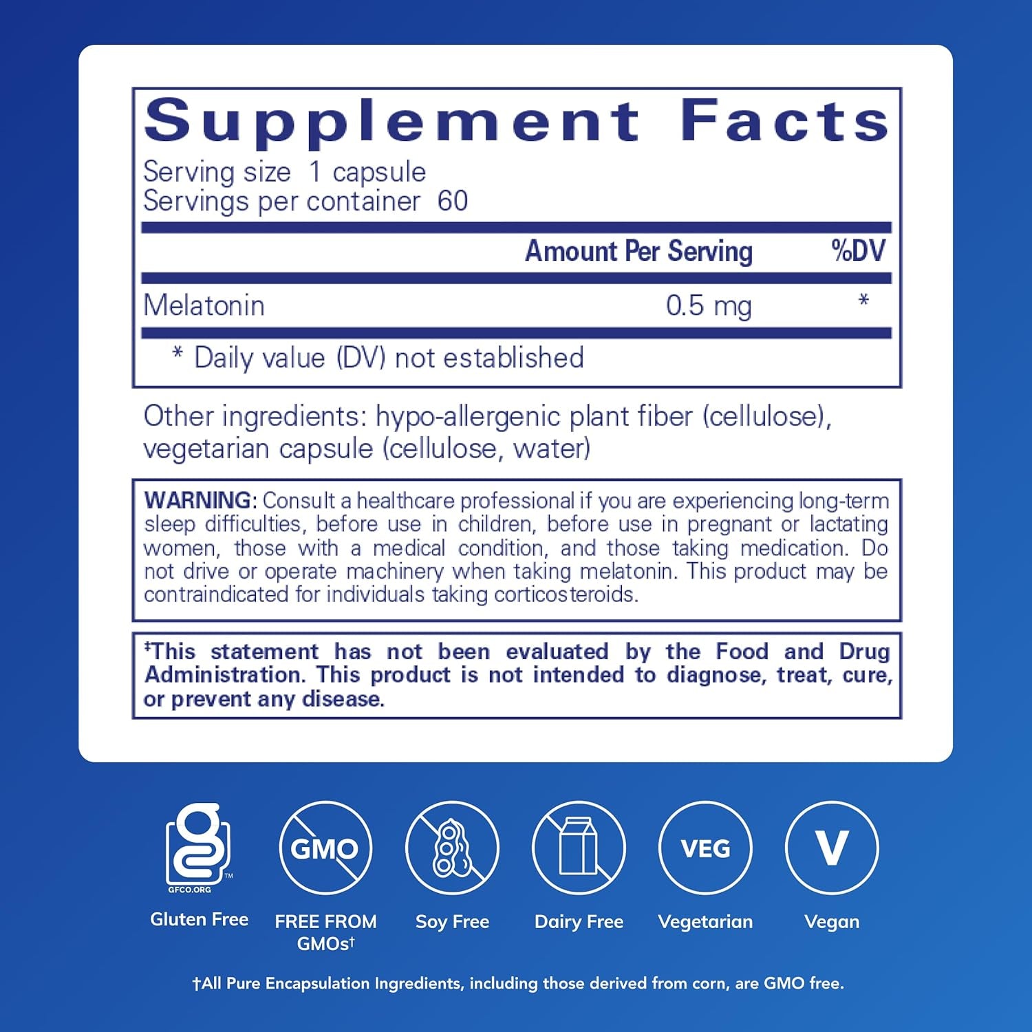 Pure Encapsulations Melatonin 0.5 Mg - Natural Sleep Helper for Bedtime - Regulates Sleep-Wake Cycle - 0.5 Mg Melatonin - Vegan & Non-Gmo - 60 Capsules