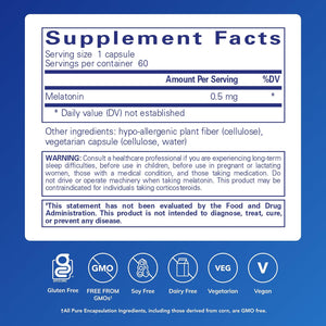 Pure Encapsulations Melatonin 0.5 Mg - Natural Sleep Helper for Bedtime - Regulates Sleep-Wake Cycle - 0.5 Mg Melatonin - Vegan & Non-Gmo - 60 Capsules