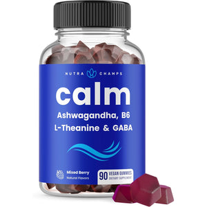 Nutrachamps Calm Gummies, Stress Gummies Supplement with Ashwagandha, L-Theanine, GABA, Vitamin B6 & Lemon Balm, Supports Mood, Focus & Stress Relief, Natural Berry, 90 Gummies