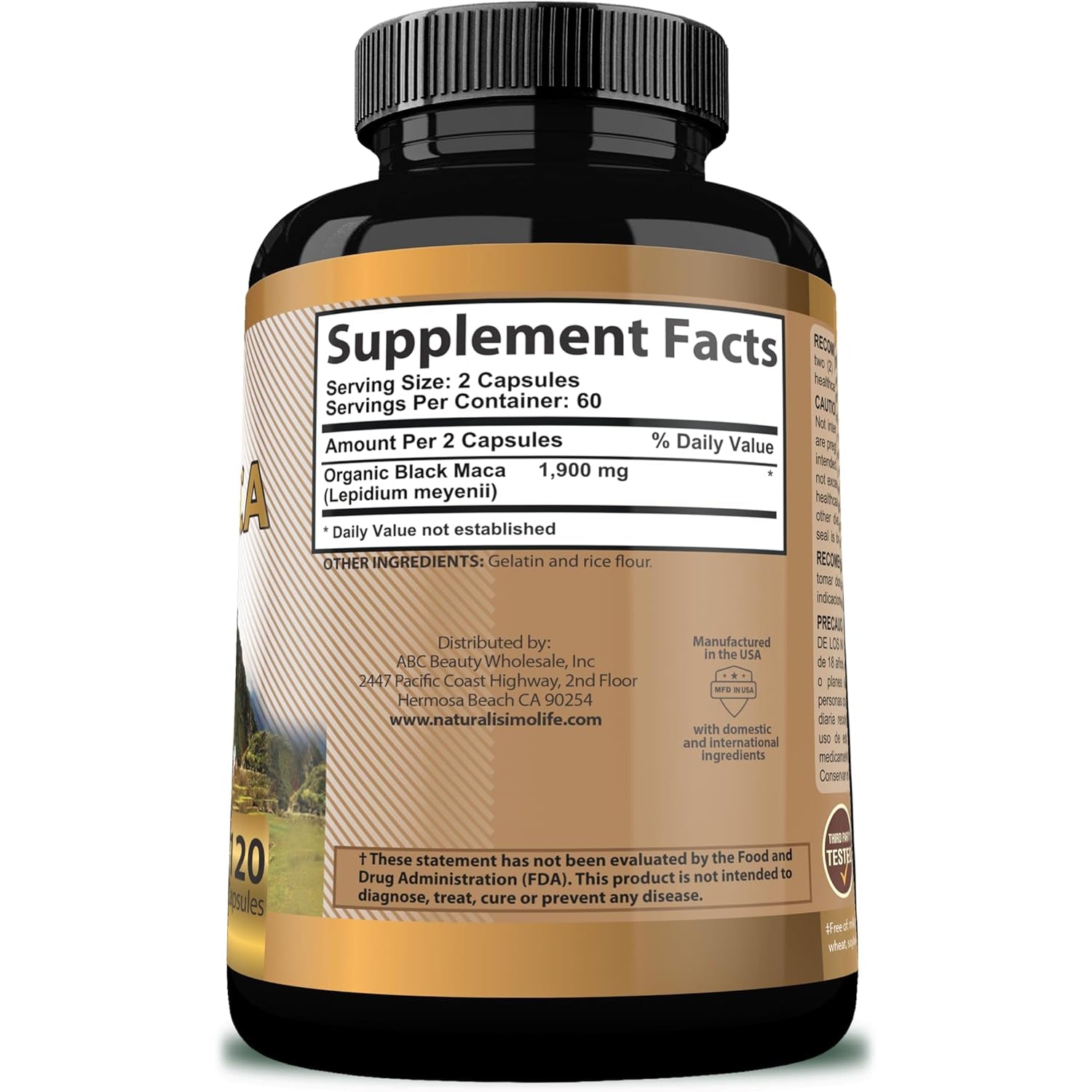 Organic Black Maca 1,900 Mg per Serving Natural Energy Booster Peruvian Maca for Men & Women 120 Capsules