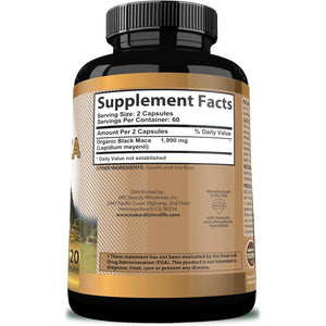 Organic Black Maca 1,900 Mg per Serving Natural Energy Booster Peruvian Maca for Men & Women 120 Capsules