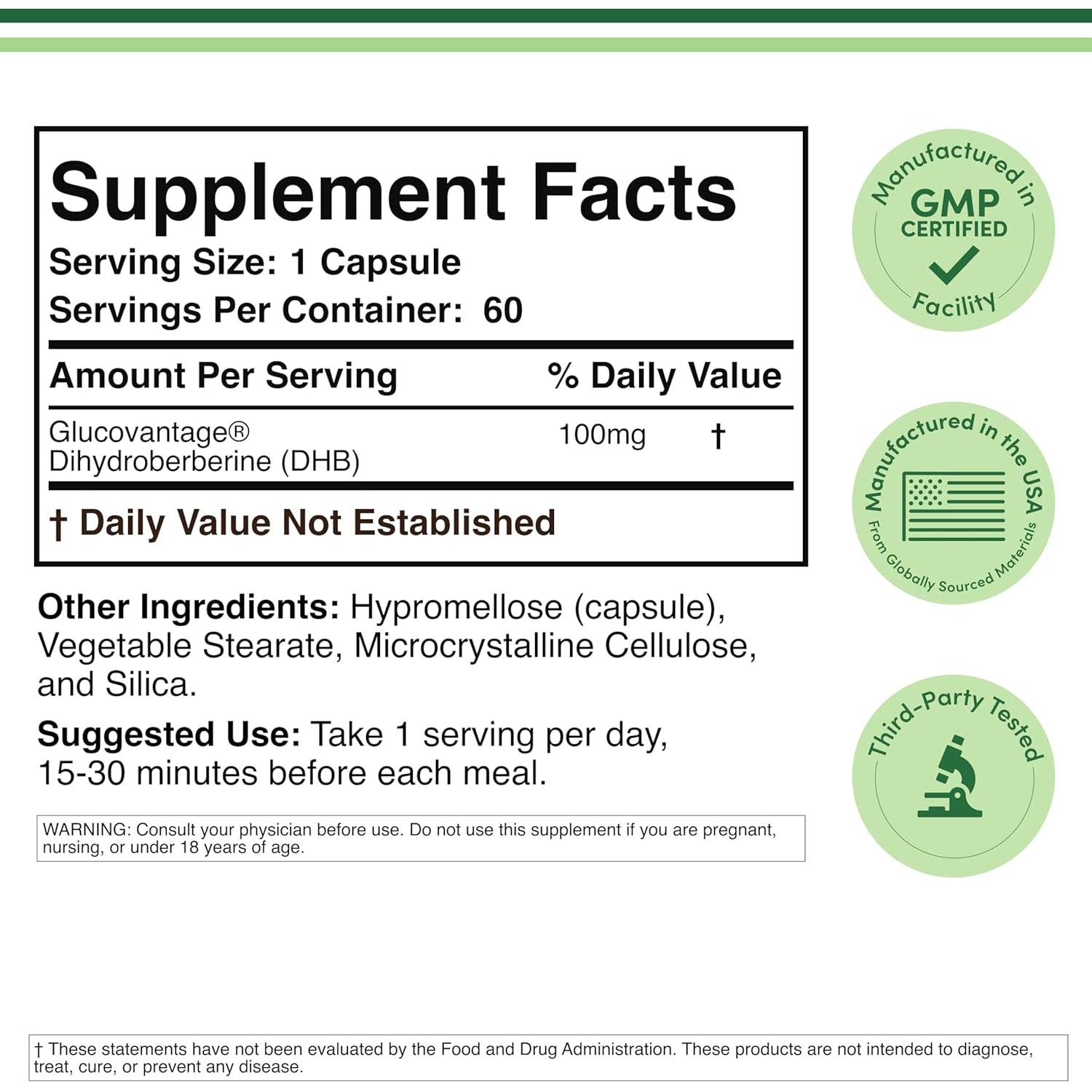 Dihydroberberine Supplement 100Mg, 60 Capsules (Patented Glucovantage Super Berberine, May Be 5X More Effective than Berberine with Less Side Effects) Third Party Tested, Vegan Safe by Double Wood