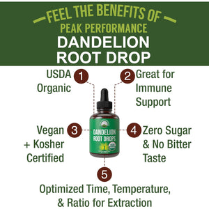 Dandelion Root Extract. USDA Organic Vegan Herbal Liquid Tincture Dandelions Supplement for Women and Men. Leaf Tonic for Immune, Liver, Gut Health. Zero Sugar, Gluten Free Supplements Not Capsules