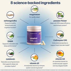Avantera Unwind - Stress and Sleep Supplement for Adults - Support Healthy Stress Levels & Improve Sleep Efficiency - Magnesium, Melatonin, Ashwagandha, & More - 56 Vegan Capsules