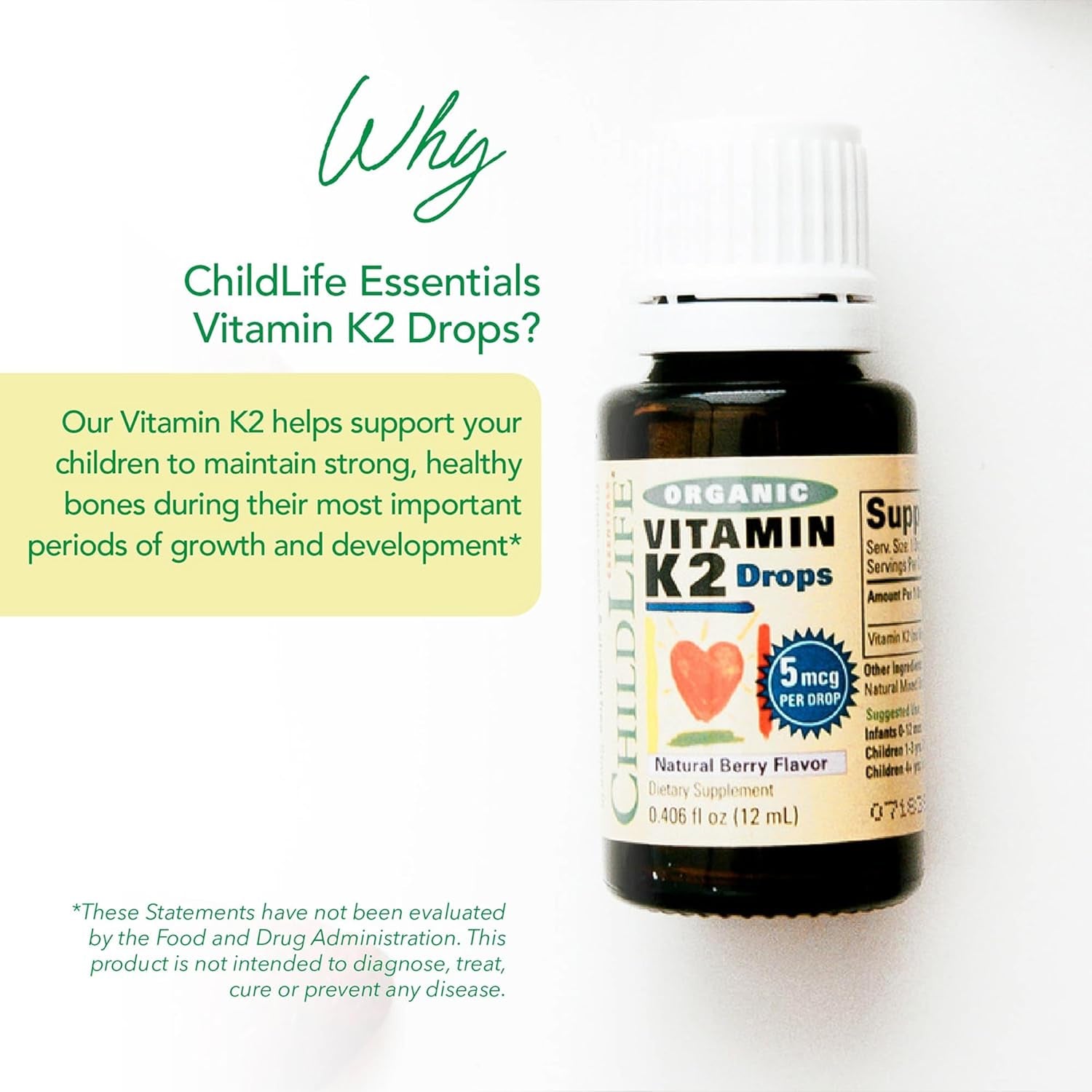 Childlife Essentials Organic Vitamin K2 Drops - Infant Toddler Baby Vitamin K, K2 Supplement for Kids, Liquid K2 as MK7, Vitamin K Drops - Natural Berry Flavor, 0.25 Fl Oz (Pack of 1)