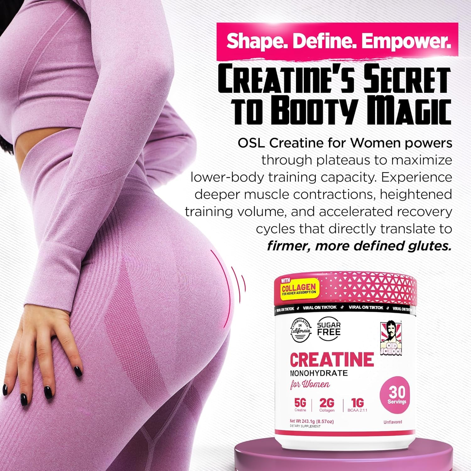 Old School Labs Creatine for Women – Post-Workout Supplement with 5000Mg Creatine Monohydrate Powder, 2000Mg Collagen & BCAA 2:1:1 for Strength Support & Recovery – Unflavored - 8.57 Ounce (Pack of 1)