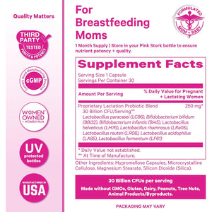 Pink Stork Lactation Probiotic - 30 Billion Cfus Multi Strain Postnatal Probiotics for Breastfeeding Women - Support Breast Milk & Gut Health, Postpartum Essentials, 30 Capsules