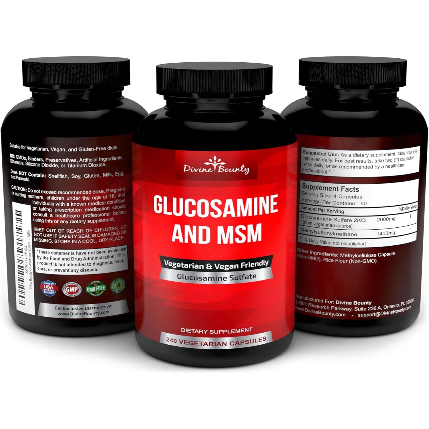 Divine Bounty Glucosamine Sulfate Supplement (2000Mg per Serving) with MSM - 240 Small Vegetarian Capsules - No Shellfish or Harmful Additives