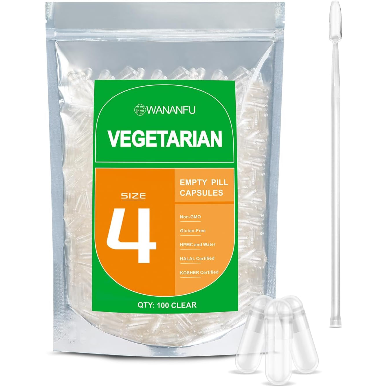 Wananfu Size 4 Empty Capsules Vegetarian (100 Count) Bundle with 2 Micro Lab Spoons, Clear Fillable Veggie Pill Capsules Size 4 for Making Your Own Supplements