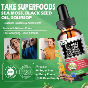 Sea Moss Black Seed Oil Soursop Liquid Drops with Bladderwrack Burdock Root Turmeric - Multimineral & Vitamins Superfood Drops Organic Non-Gmo for Immune & Digestive & Cell Support Skin Hair
