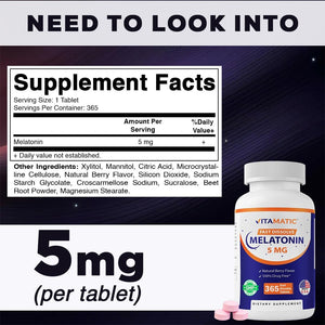 Vitamatic Melatonin 5 Mg Tablets | Vegetarian, Non-Gmo, Gluten Free | 1 Year Supply | Natural Berry Flavor - 365 Tablets