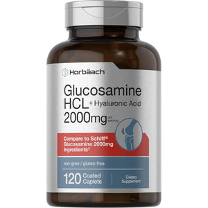 Horbäach Glucosamine HCL | with Hyaluronic Acid | 2000Mg | 120 Coated Caplets | Non-Gmo & Gluten Free Supplement