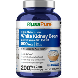 Nusapure White Kidney Beans Capsules, 800 Mg, 200 Veg Capsules (Non-Gmo, Vegan)