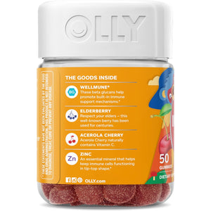 OLLY Kids Immunity Gummy, Immune Support, Wellmune, Elderberry, Vitamin C, Zinc, Chewable Supplement, Cherry - 50 Count