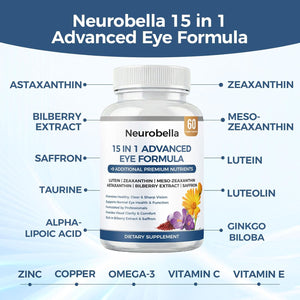 Neurobella Eye Formula, Neurobella 15 in 1 Advanced Eye Formula with All 3 Carotenoids, Lutein & Zeaxanthin, Saffron & Bilberry Extract