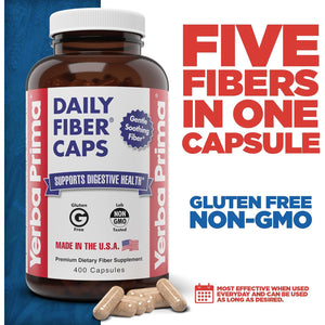 Yerba Prima Daily Fiber Caps Formula, 400 Capsules - Both Soluble and Insoluble - with Psyllium Seed Husks, Acacia Gum, Apple Fiber and More - Dietary Supplement
