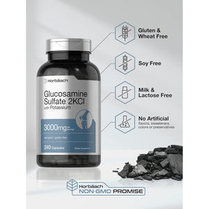 Horbäach Glucosamine Sulfate 2KCI with Potassium | 3000Mg | 240 Capsules | Non-Gmo and Gluten Free Supplement