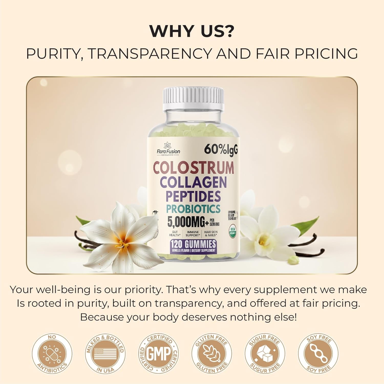 Colostrum Gummies I Collagen Peptides I Probiotics 5000+ Mg W/ 60% Igg I Immunity Support & Gut Health - Liposmal Technology - U.S. Sourced Superfood - Grass-Fed Bovine - 120 Gummies (Vanilla Flavor)