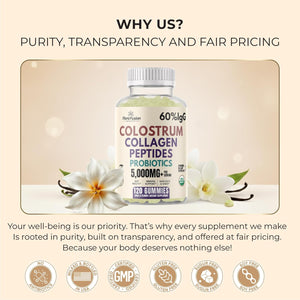 Colostrum Gummies I Collagen Peptides I Probiotics 5000+ Mg W/ 60% Igg I Immunity Support & Gut Health - Liposmal Technology - U.S. Sourced Superfood - Grass-Fed Bovine - 120 Gummies (Vanilla Flavor)