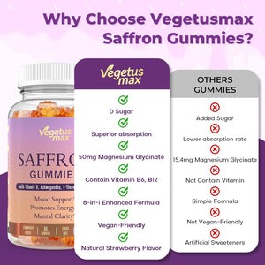 Saffron Supplements Gummies for Adults, 88.5Mg Pure Saffron Extract with Magnesium, Ashwagandha, L-Theanine, Rhodiola, Rosemary, Vitamin B6, B12 for Mood, Focus, Calm, Zzz - 60 Count