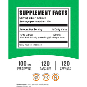 Bulksupplements.Com Nattokinase 4000 FU Capsules - Nattokinase Supplement, Sourced from Natto Extract, Nattokinase 100Mg - Gluten Free, 1 Capsule per Serving, 120 Capsules (Pack of 1)