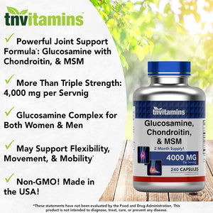 Tnvitamins Glucosamine Chondroitin MSM Capsules, 240 Count | 4,000 Mg per Serving | 2,000 Mg Glucosamine Sulfate 2Kcl + 2,000 Mg MSM & Chondroitin Blend | Joint Support Supplement