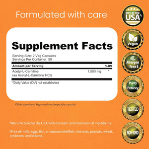 Naturalife Labs Acetyl L-Carnitine (ALCAR) 1500 Mg per Serving – 100 Capsules – Non-Gmo, Gluten-Free, Vegan