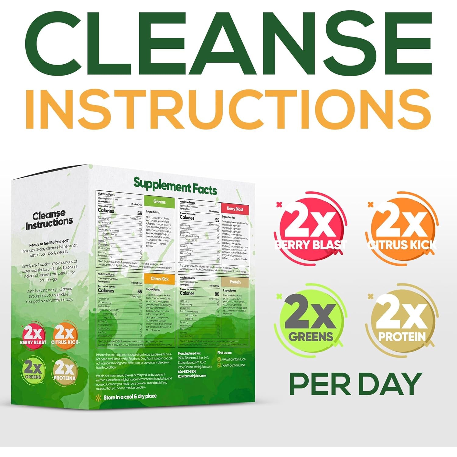 Raw Fountain 3 Day Juice Cleanse Detox, 24 Powder Packets, Travel and Vegan Friendly, 4 All Natural Flavors, Includes Protein (3 Day)