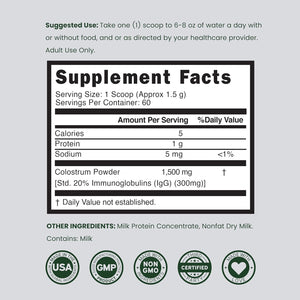 Colostrum Supplement Powder 90G (60 Servings of 1.5G Pure Bovine Colostrum Std. to Contain 20% Igg Immunoglobulins) Grass Fed Powder - No Fillers, Third Party Tested, Unflavored & Non-Gmo