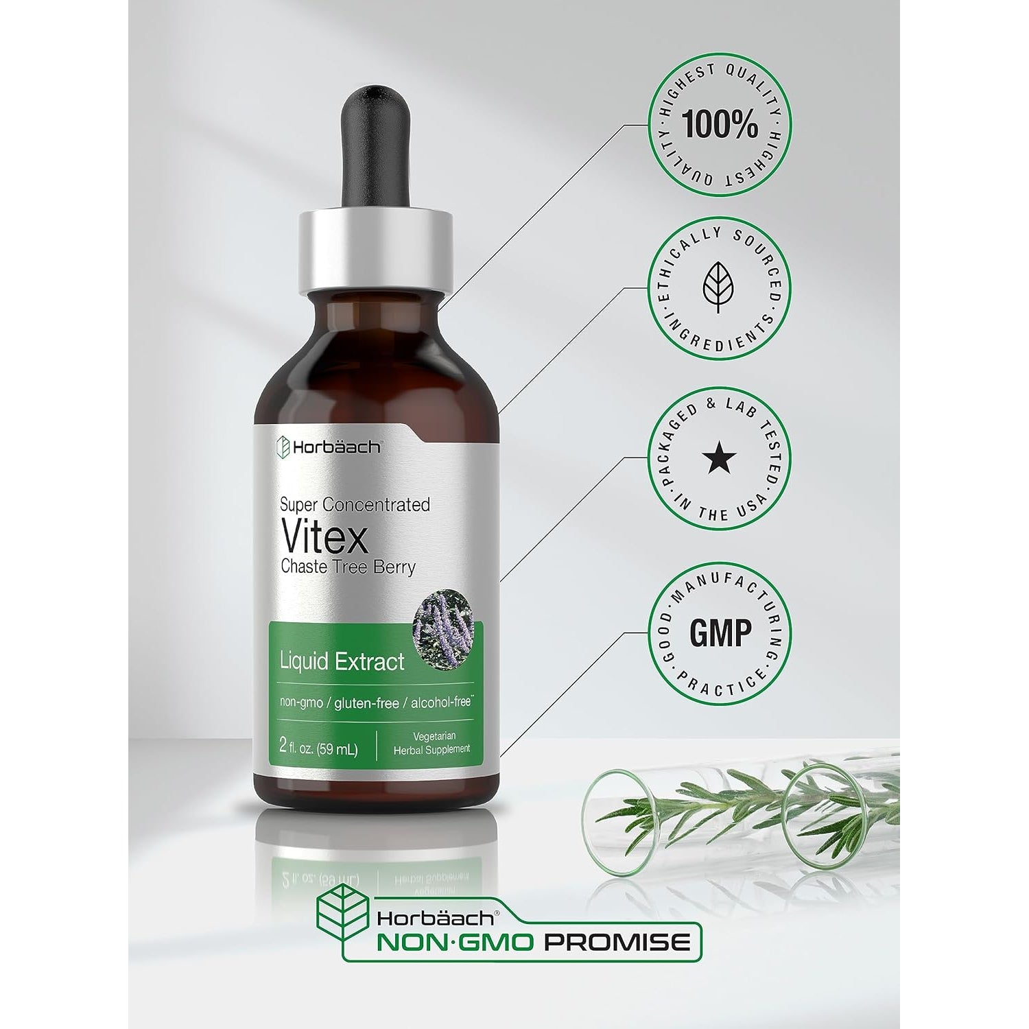 Horbäach Vitex Berry Chasteberry Extract Tincture | 2 Fl Oz | Super Concentrated Liquid | Alcohol Free Chaste Tree Berry Supplement | Vegetarian, Non-Gmo, Gluten Free