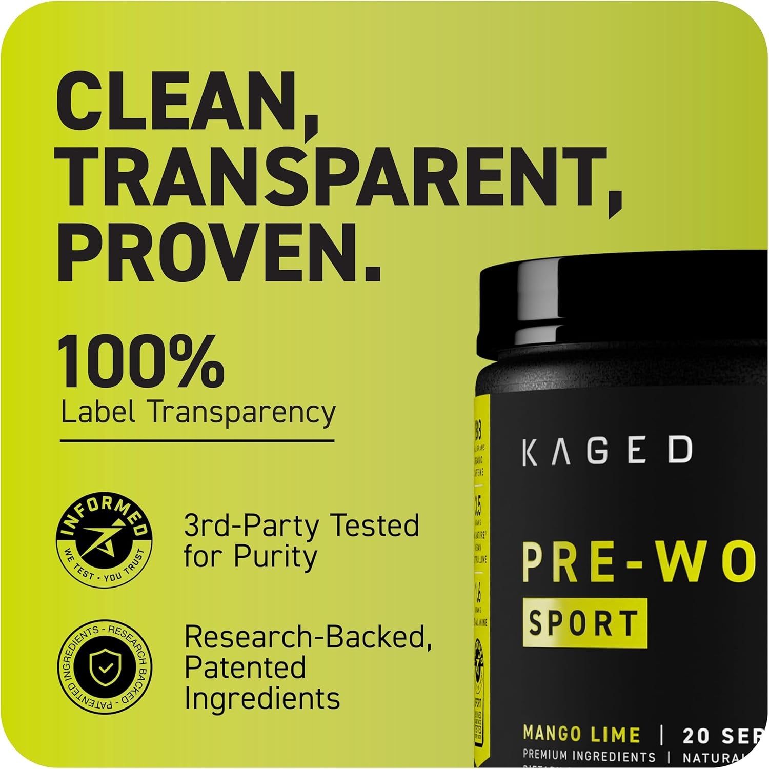 Kaged Sport Pre Workout Powder for Men & Women, Mango Lime, Sport Certified, 188Mg Caffeine, Nitric Oxide Supplement, Beta Alanine for Energy, Weightlifting, Cardio Endurance & Strength, 20 Servings