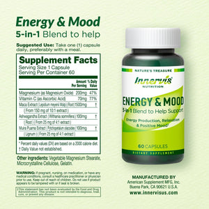 Caffeine Free Natural Energy Boost with Ashwagandha, Maca & Magnesium - Support Stress Relief, Focus & Mood - 60 Capsules by Innervis Nutrition