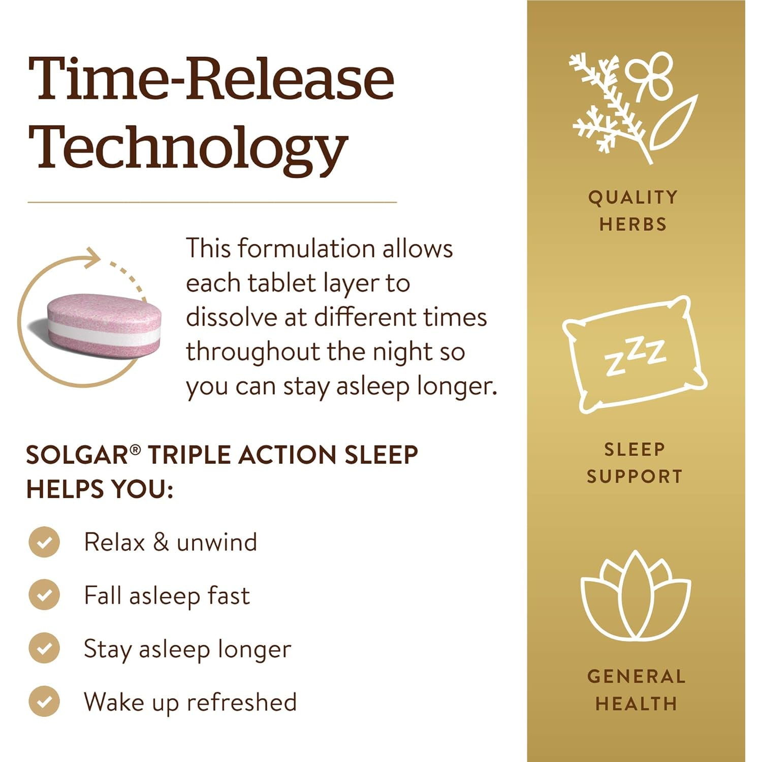 Solgar Triple Action Sleep, 90 Tri-Layer Tablets - Time-Release Melatonin & L-Theanine plus Herbal Blend - Helps You Relax - Non-Gmo, Gluten Free - 90 Servings
