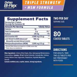 Osteo Bi-Flex Triple Strength Glucosamine Supplement with MSM, Improve Joint Function, Maintain Healthy Connective Tissue and Cartilage, 80 Coated Tablets
