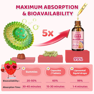 Liposomal GABA L-Theanine Drops for Kids - Liquid GABA Supplement with Magnesium, Chamomile, Lemon Balm & Vitamin B6 - Support Relaxation, Focus & Stress Relief for Kids & Adults - Strawberry Flavor