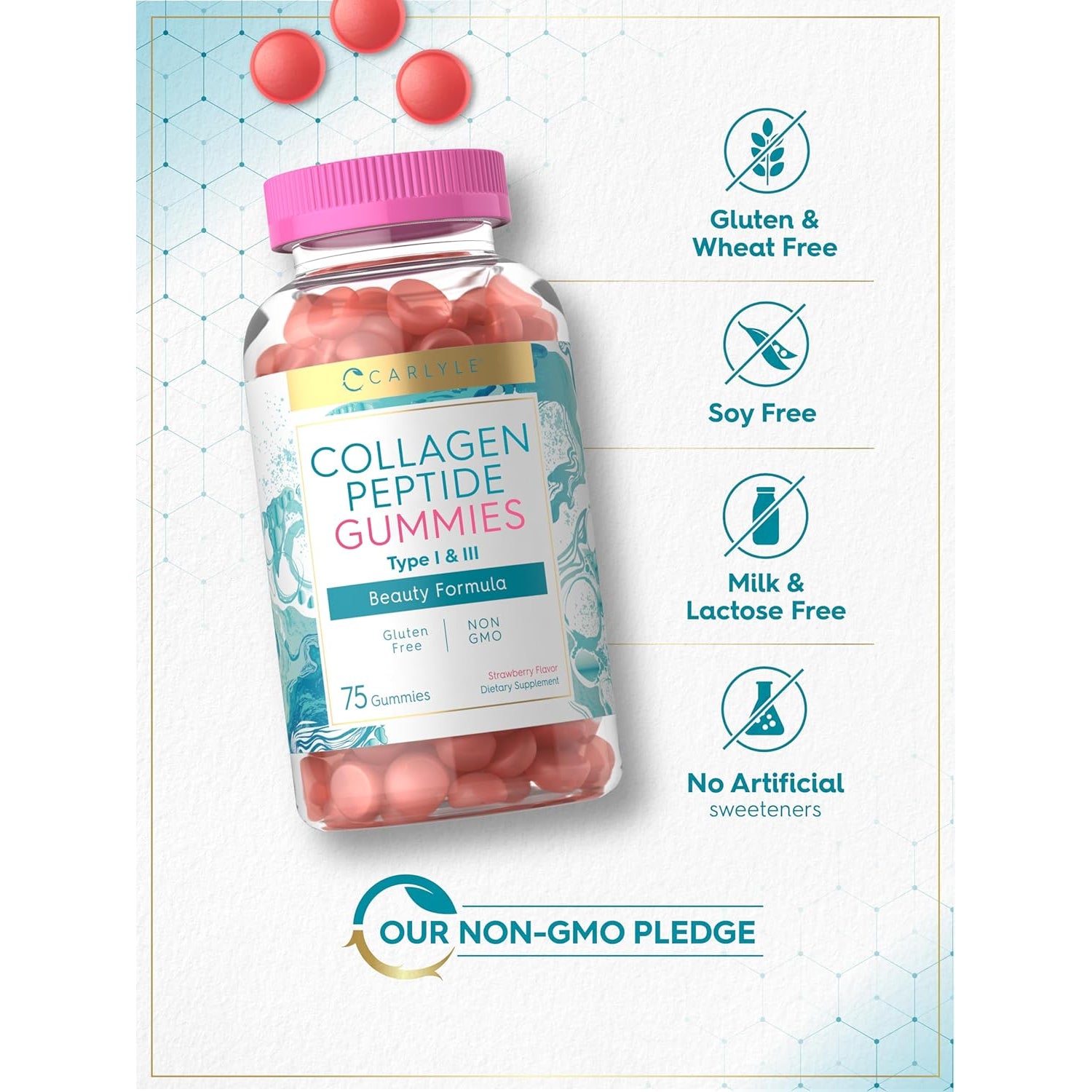 Carlyle Collagen Gummies | Strawberry Flavor Beauty Supplement | Collagen Peptides for Women & Men | Type 1 & 3 | Non-Gmo, Gluten Free