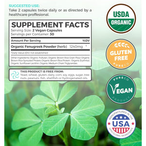 USDA Organic Fenugreek Capsules for Women - Effective Lactation Supplement for Increased Breast Milk Supply - Herbal Breastfeeding Support for Mothers - Gluten Free - 60 Vegan Capsules (No Pills)