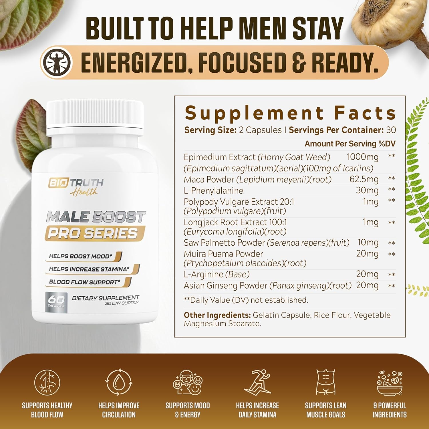 Male Boost PRO Series - the Ultimate Male Supplement - Pills for Men Fast Acting Blood Flow for Manhood, Muscle, Strength, Stamina - Overall Test Level Support - Hornygoatweed + 8 More - 60 Capsules
