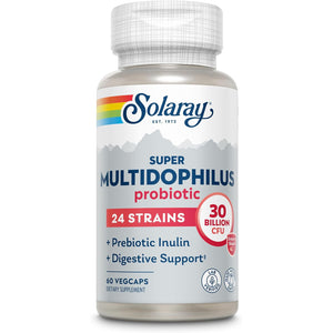 SOLARAY Multidophilus 24 Strain Probiotic 30 Billion CFU, Probiotics for Digestive Health for Women and Men, Daily Gut Health Support Complex with Prebiotic Inulin, No Dairy 60 Vegcaps