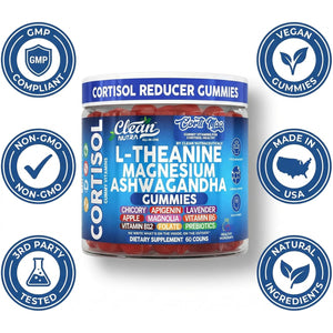 Clean Nutra Cortisol Supplement Gummies L-Theanine Magnesium Ashwagandha Apigenin Vitamin B6 Sleep and Calm Support Lavender Chicory Prebiotic Advanced Gummy Formula