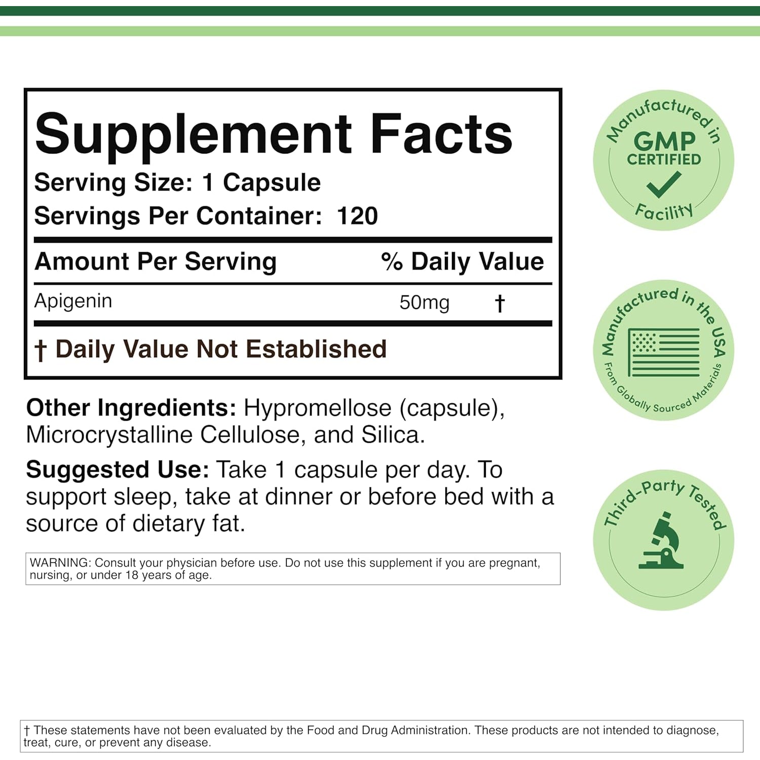 Apigenin Supplement - 50Mg per Capsule, 120 Count (Powerful Bioflavonoid Found in Chamomile Tea for Relaxation, Sleep, and Mood) Senolytic Flavonols for Aging (Gluten Free) by Double Wood