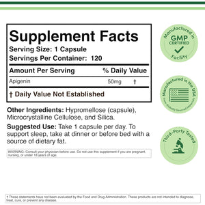 Apigenin Supplement - 50Mg per Capsule, 120 Count (Powerful Bioflavonoid Found in Chamomile Tea for Relaxation, Sleep, and Mood) Senolytic Flavonols for Aging (Gluten Free) by Double Wood