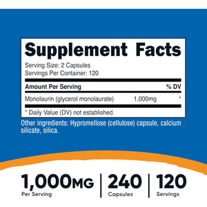 Nutricost Monolaurin 1000 Mg (120 Servings, 240 Capsules) - Gluten-Free, Non GMO, Vegan