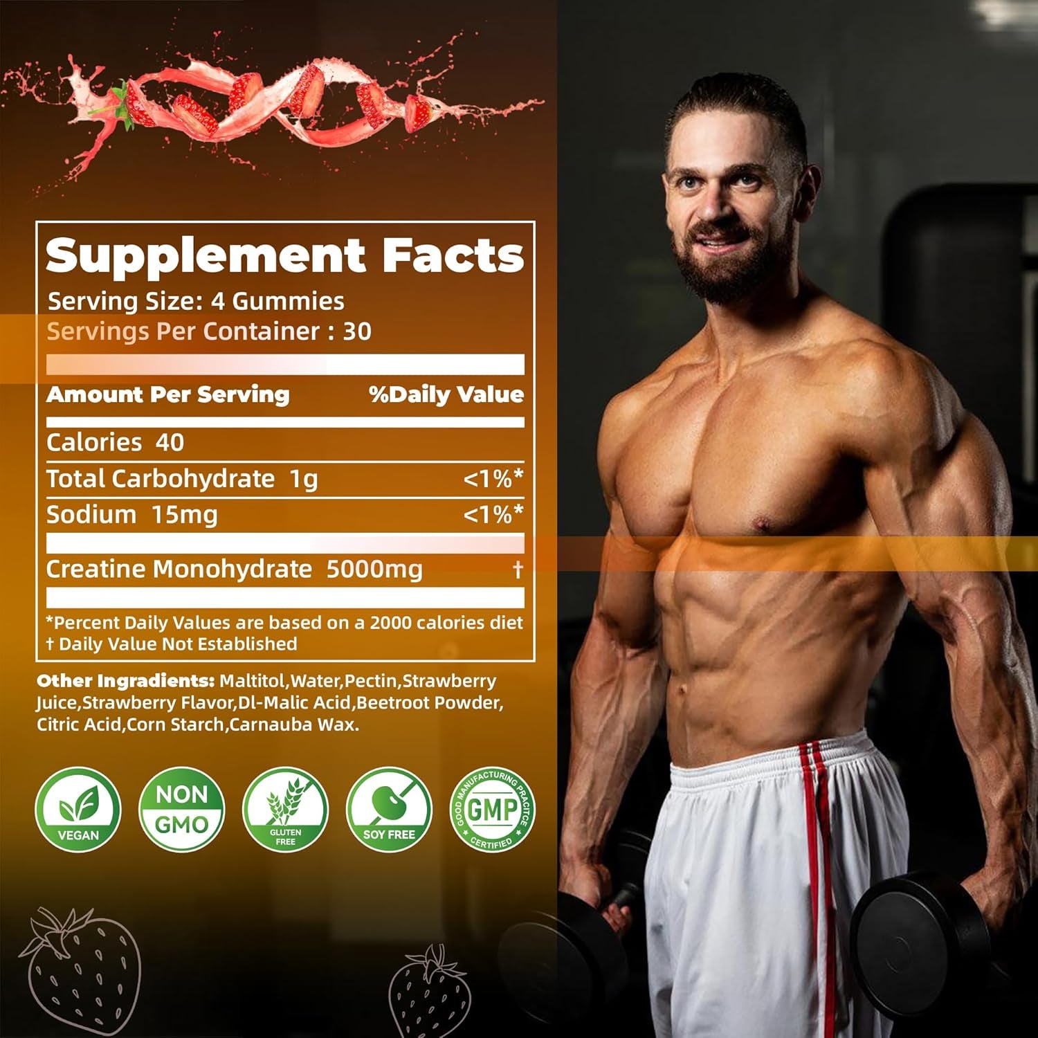 Nutravita NSF Certified Creatine Gummy - Creatine Monohydrate Gummies for Men & Women-5G of Creatine Monohydrate per Serving - Sugar Free,Vegan, Strawberry Flavor, 120 Count