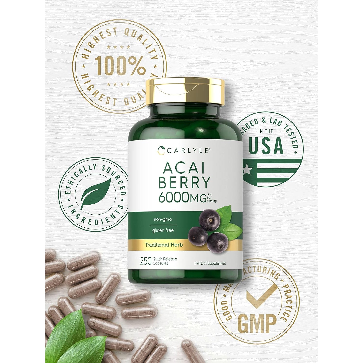 Carlyle Acai Berry Supplement | 250 Capsules | Traditional Herbal Extract | Non-Gmo & Gluten Free
