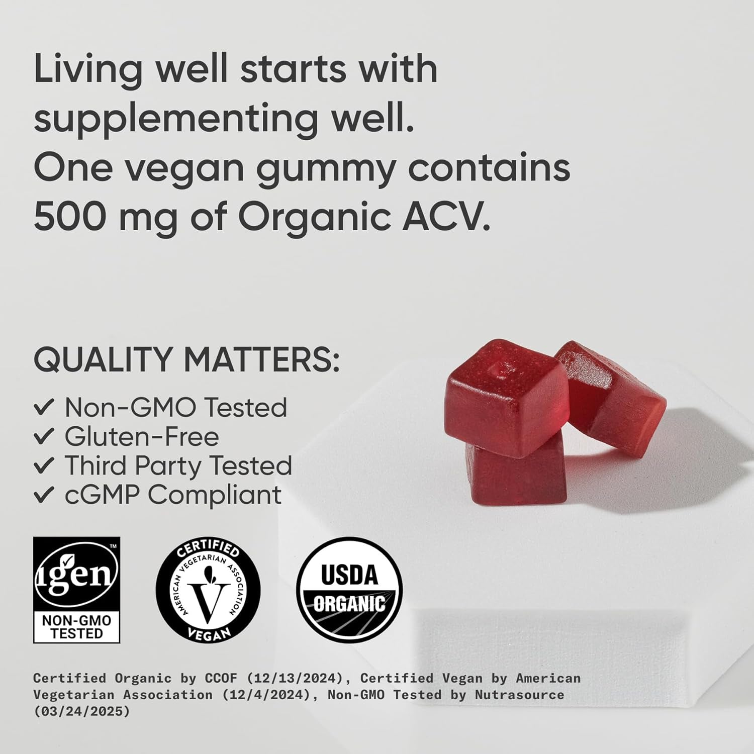 Sports Research® Organic Apple Cider Vinegar Gummies - for Diet Cleanses & Digestion | 500Mg | Non-Gmo Tested, Certified Vegan, Gluten Free ACV - 60 Gummies for Adults, 1 Month Supply