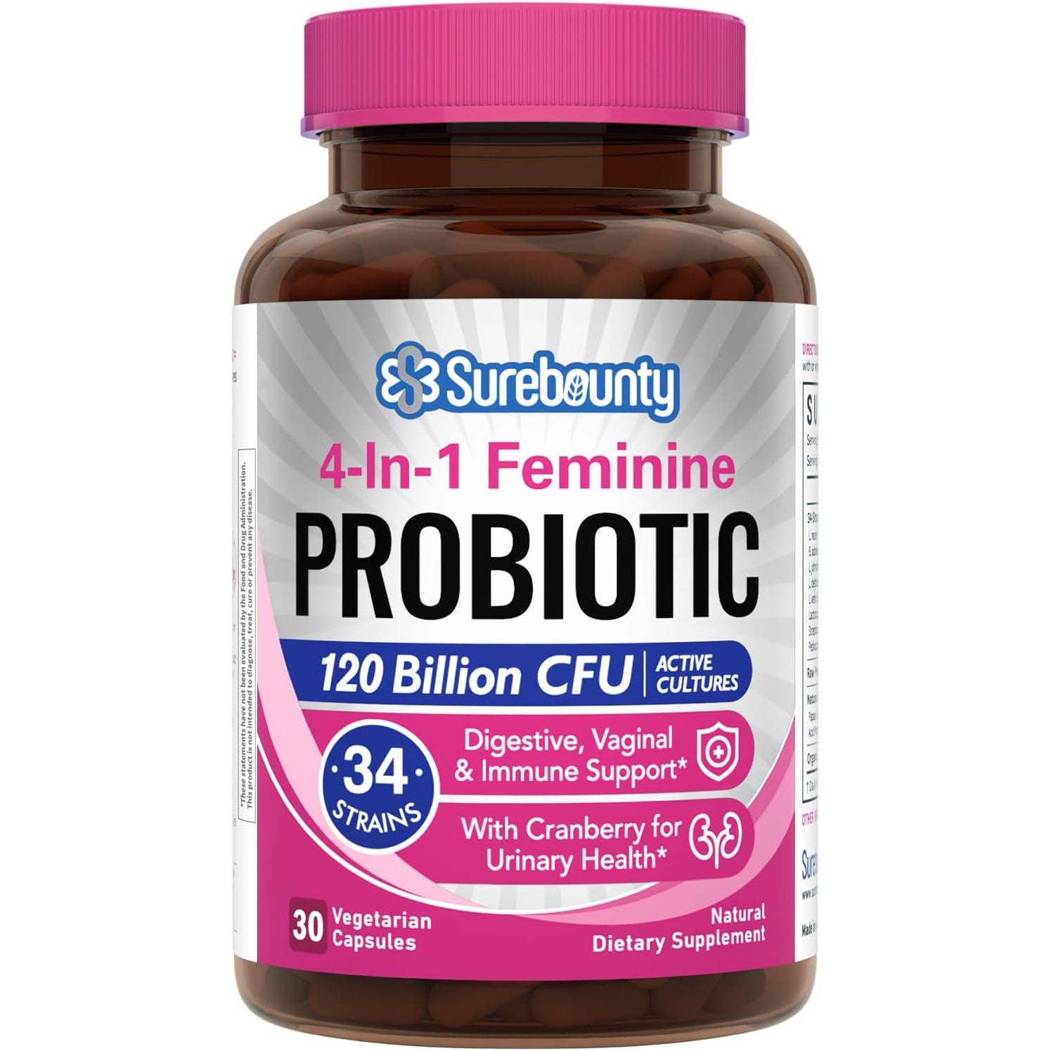 Probiotics for Women, 120 Billion CFU 34 Strains, Prebiotics, Digestive Enzymes, Cranberry, 4-In-1 Feminine Probiotic, Digestive, Vaginal, Immune Support, 30Ct