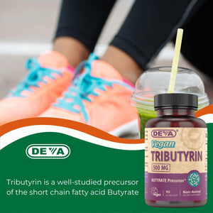 DEVA Vegan Tributyrin Supplement - Butyrate Precursor, Gut Barrier Support, Butyric Acid, 500 MG Vegan Capsules, Leaky Gut Support, Digestion, 90 Count