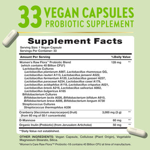 Raw Flora Women'S Probiotics | Dr. Formulated 40 Billion CFU + Prebiotics | Digestive, Vaginal & Urinary Support | 33 Vegan Capsules with Cranberry & D-Mannose | Shelf Stable